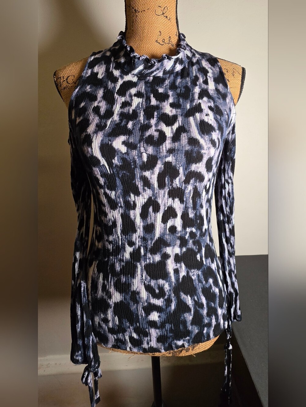 bebe Black, White and Gray Leopard Cold-Shoulder Top